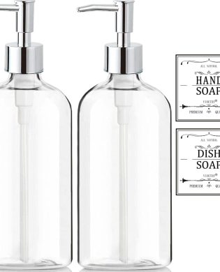 Clear Soap Dispenser with Rust Proof Pump, Waterproof Labels (2 Pack,16 Oz), Plastic Hand Soap Dish Soap Dispenser for Kitchen Bathroom