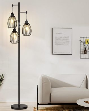 Dimmable Floor Lamp, 3 x 800LM LED Edison Bulbs Included, Farmhouse Industrial Floor Lamp Standing Tree Lamp with Elegant Teardrop Cage Tall Lamps for Living Room Bedroom Office Dining Room-Black