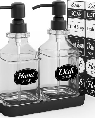 Soap Dispenser - 2 Pack, Antique Design Thick Glass Hand Soap Dispensers with Sturdy Tray; 304 Rust Proof Stainless Steel Black Pump, 12Pcs Stickers, for Kitchen, Bathroom