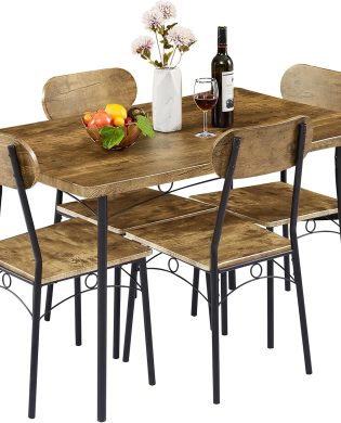 VECELO Kitchen Table Chairs Set for 4, 5 Piece Wood Dining Room Table with 4 Chairs, Perfect for Small Spaces, Compact Kitchen, Breakfast Nook, Brown