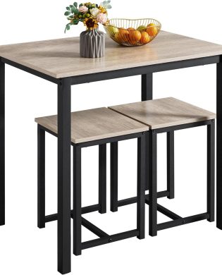 Yaheetech 3 Piece Dining Table Set - Kitchen Table & Chair Sets for 2 - Compact Table w/ 2 Stools & Space Saving Design for Dining Room Living Room Kitchen, Gray