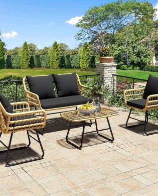 YITAHOME 4-Piece Patio Furniture Wicker Outdoor Bistro Set, All-Weather Rattan Conversation Loveseat Chairs for Backyard, Balcony and Deck with Soft Cushions and Metal Table (Light Brown+Black)
